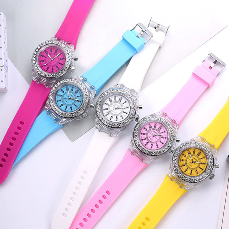 Luminous Rhinestone Adorned with LED Light Silicone Strap Quartz Watches