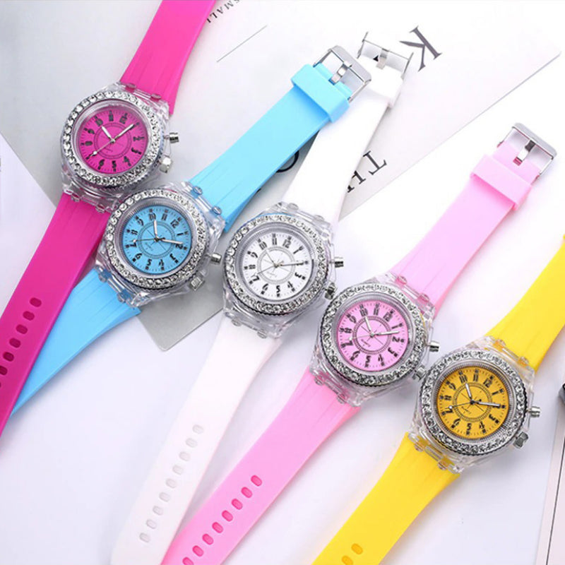 Rhinestone Adorned with LED Light Silicone Strap Quartz Watches