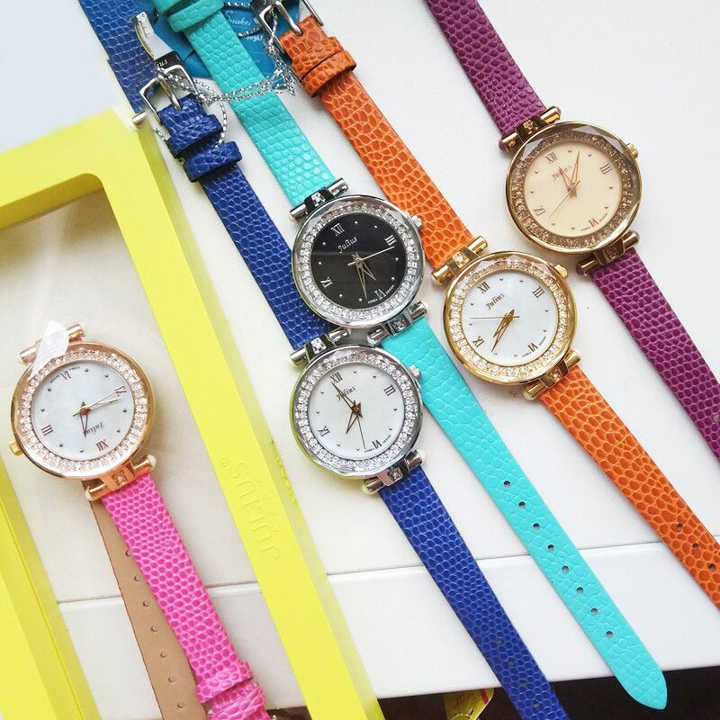 Rhinestone Embellished Dial with Slender Vegan Leather Strap Quartz Watches