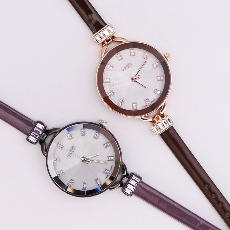 Flounce Rhinestone Big Round Dial with Ultra-Thin Vegan Leather Strap Quartz Watches