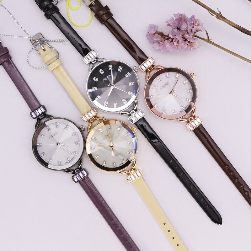 Flounce Rhinestone Big Round Dial with Ultra-Thin Vegan Leather Strap Quartz Watches