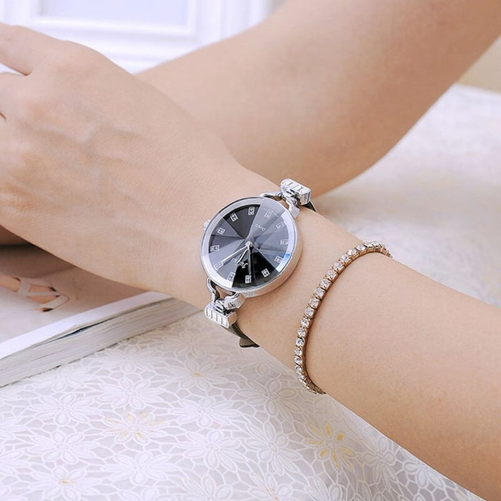 Flounce Rhinestone Big Round Dial with Ultra-Thin Vegan Leather Strap Quartz Watches