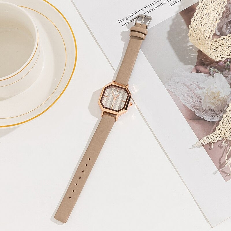 Geometric Fashion Stripe Dial with Vegan Leather Strap Quartz Watches