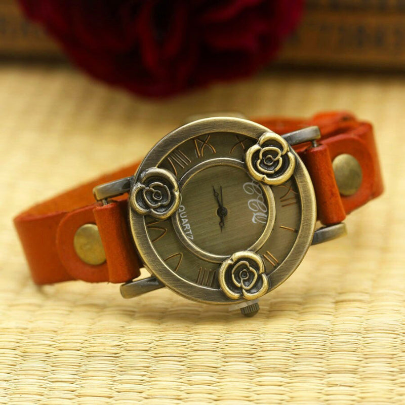 Antique Rose Dial Genuine Leather Strap Quartz Watches