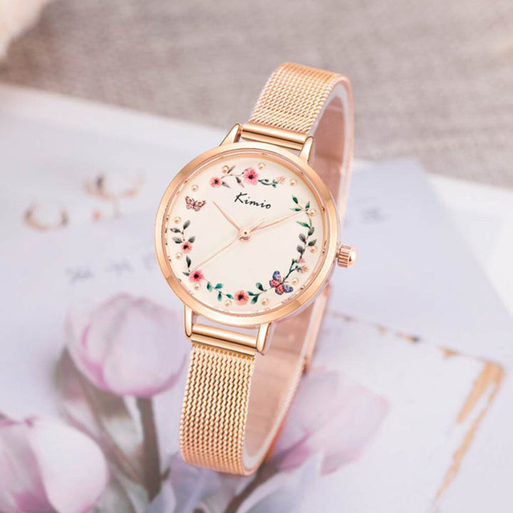 Sweet Bloom Flowers and Butterfly Adorned Mesh Band Quartz Watches