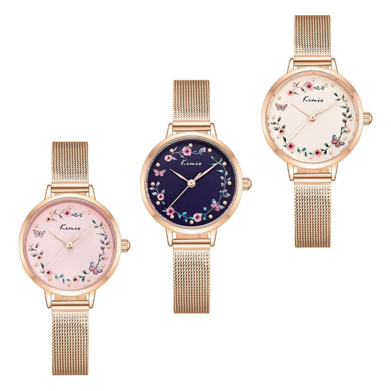 Sweet Bloom Flowers and Butterfly Adorned Mesh Band Quartz Watches