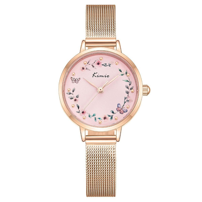 Sweet Bloom Flowers and Butterfly Adorned Mesh Band Quartz Watches