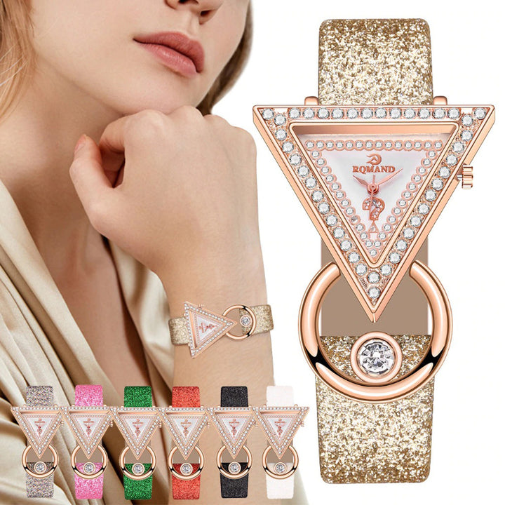 Geometric Rhinestone Triangle Shape Numberless Dial with Frosted Strap Quartz Watches