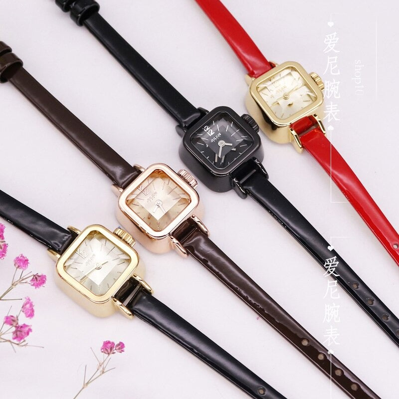 Cute Vintage Square Case with Thin Vegan Leather Band Quartz Watches