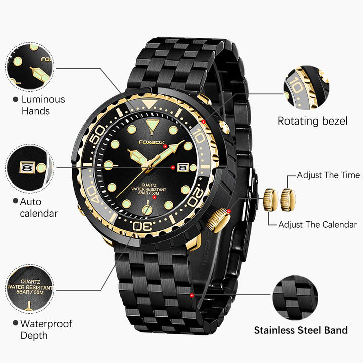 Rotating Bezel Waterproof Watch with Luminous Hands and Indicators