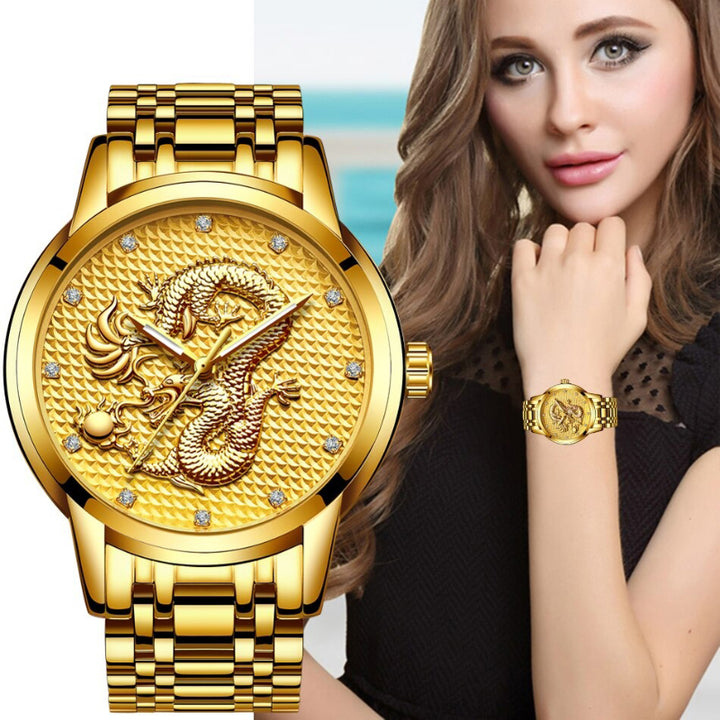 Golden Dragon with Rhinestone Accented Dial in Stainless Steel Strap Quartz Watches