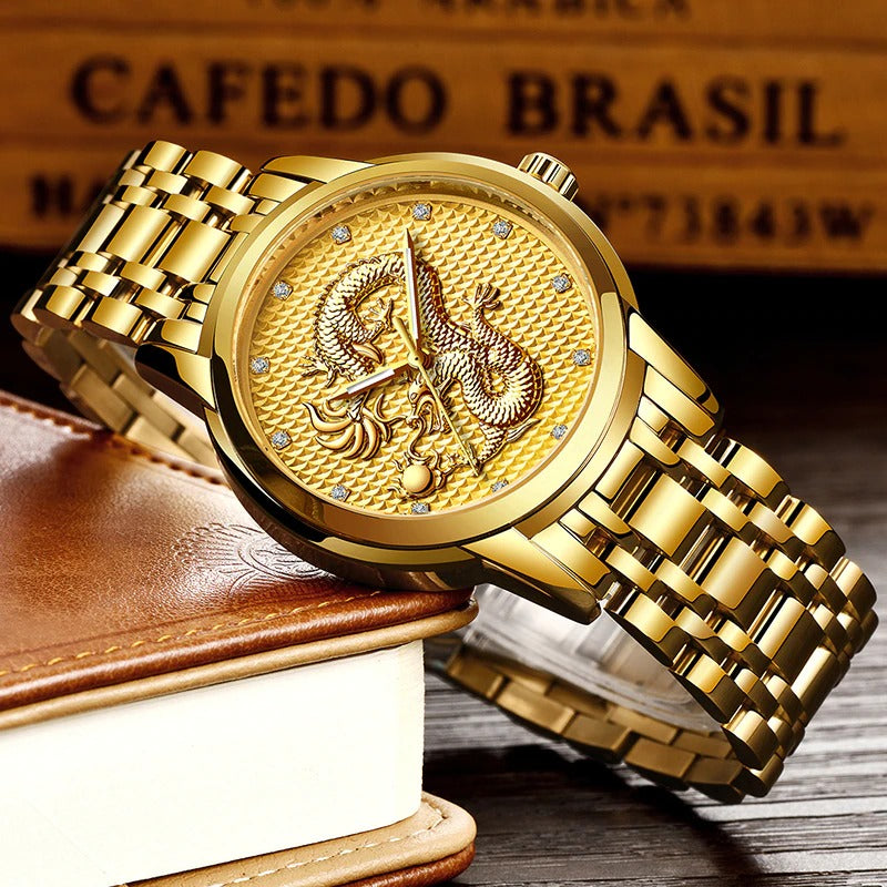 Golden Dragon with Rhinestone Accented Dial in Stainless Steel Strap Quartz Watches