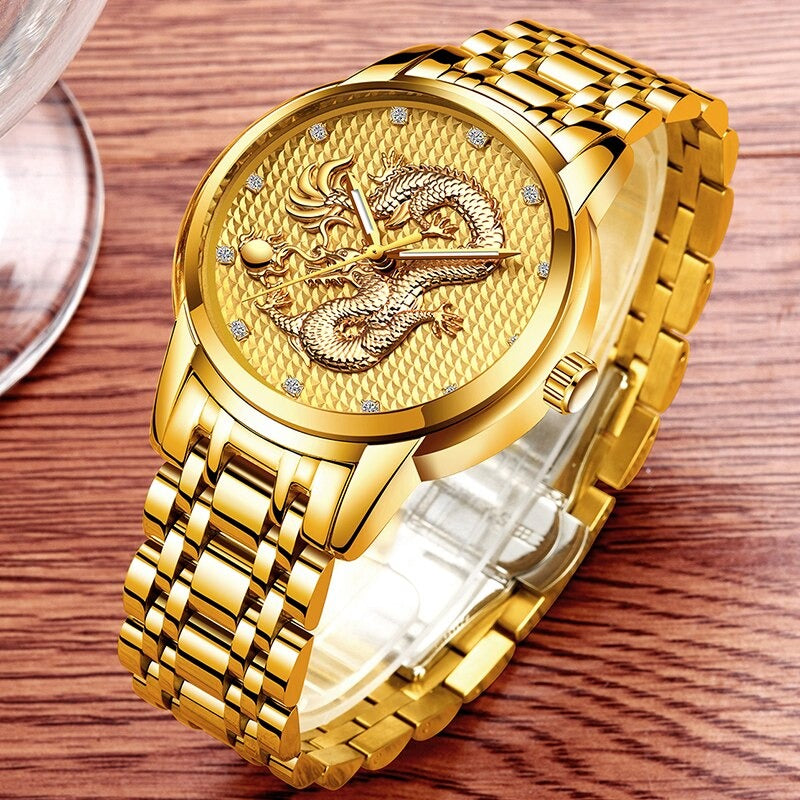 Golden Dragon with Rhinestone Accented Dial in Stainless Steel Strap Quartz Watches