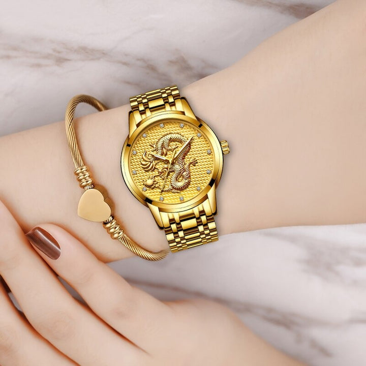 Golden Dragon with Rhinestone Accented Dial in Stainless Steel Strap Quartz Watches