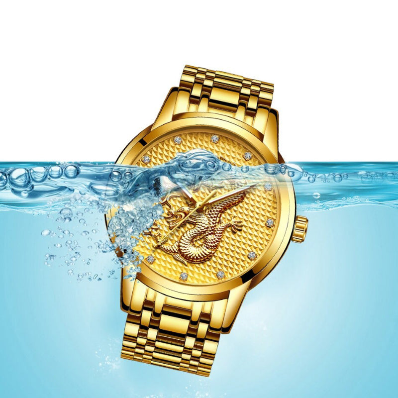 Golden Dragon with Rhinestone Accented Dial in Stainless Steel Strap Quartz Watches