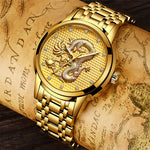 Golden Dragon with Rhinestone Accented Dial in Stainless Steel Strap Quartz Watches