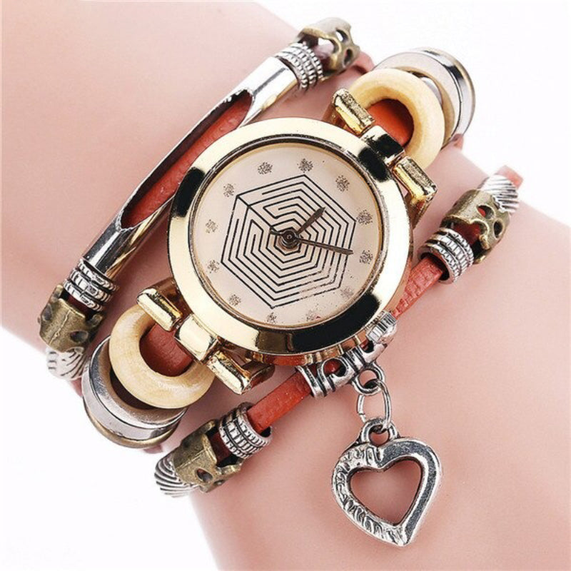 Multi-layer Classic Vegan Leather Strap with Heart Charm Quartz Watches