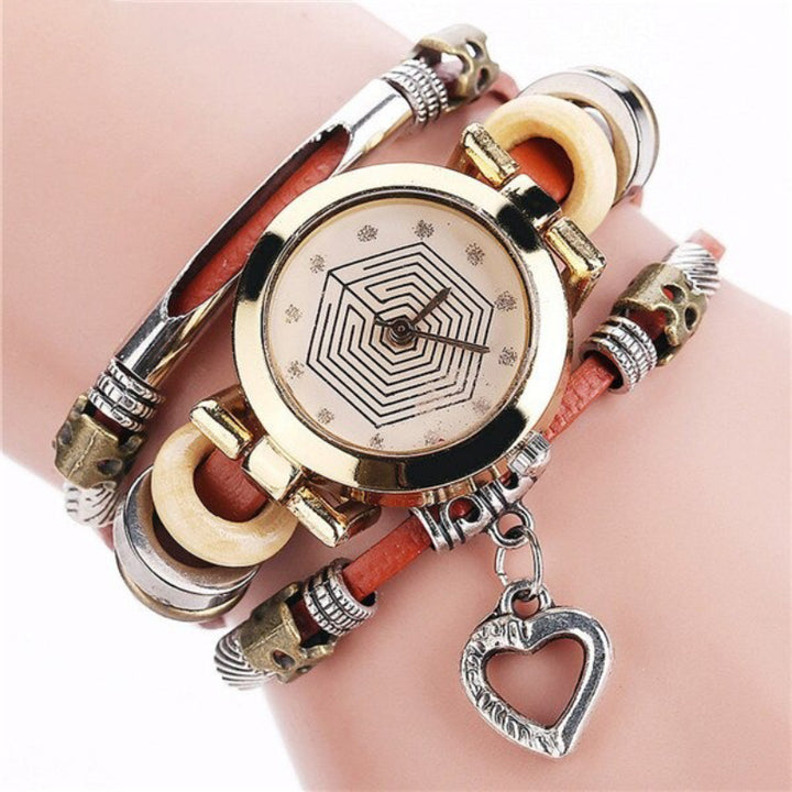 Multi-layer Classic Vegan Leather Strap with Heart Charm Quartz Watches
