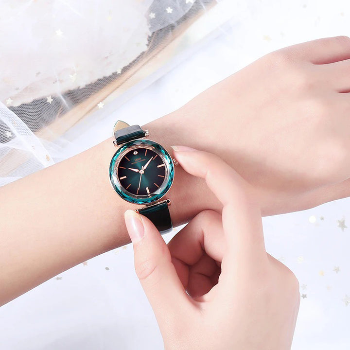 Trendy Fashion Glass Design with Vegan Leather Strap Quartz Watches