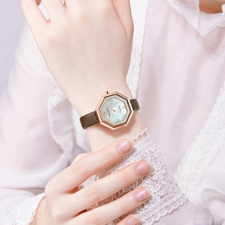 Captivating Geometric Style Octagon Rhinestone Dial with Vegan Leather Strap Quartz Watches