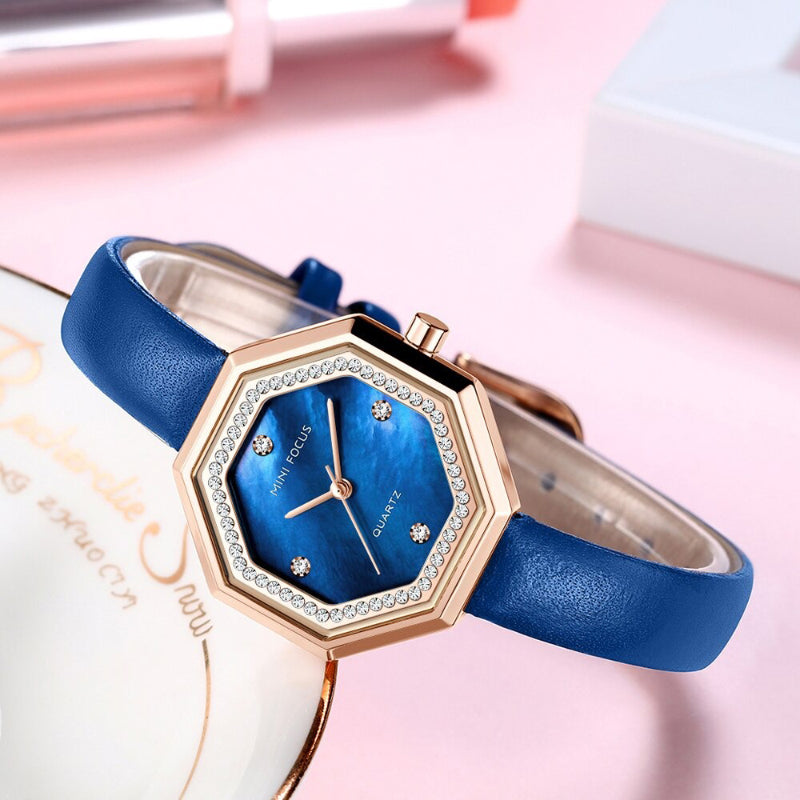 Captivating Geometric Style Octagon Rhinestone Dial with Vegan Leather Strap Quartz Watches