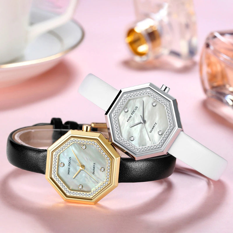 Captivating Geometric Style Octagon Rhinestone Dial with Vegan Leather Strap Quartz Watches