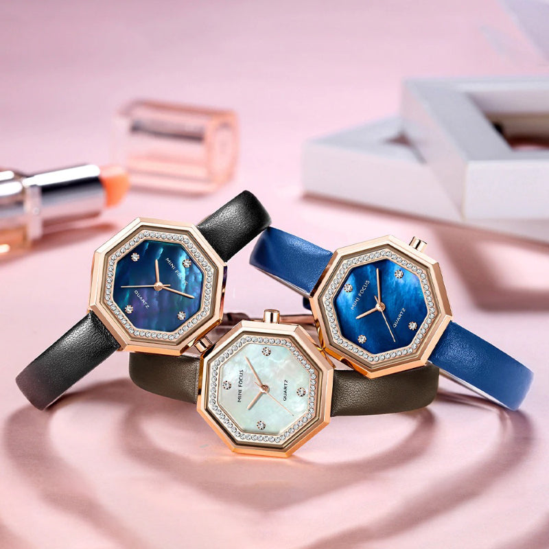 Captivating Geometric Style Octagon Rhinestone Dial with Vegan Leather Strap Quartz Watches