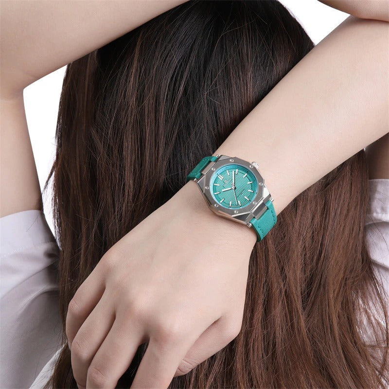 Unique Geometric Case Shape Vegan Leather Strap Quartz Watches