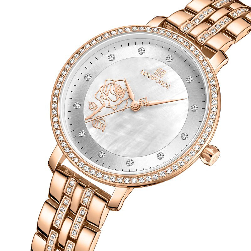 Blooming Rose Flower Dial with Rhinestone Scales Waterproof Quartz Watches