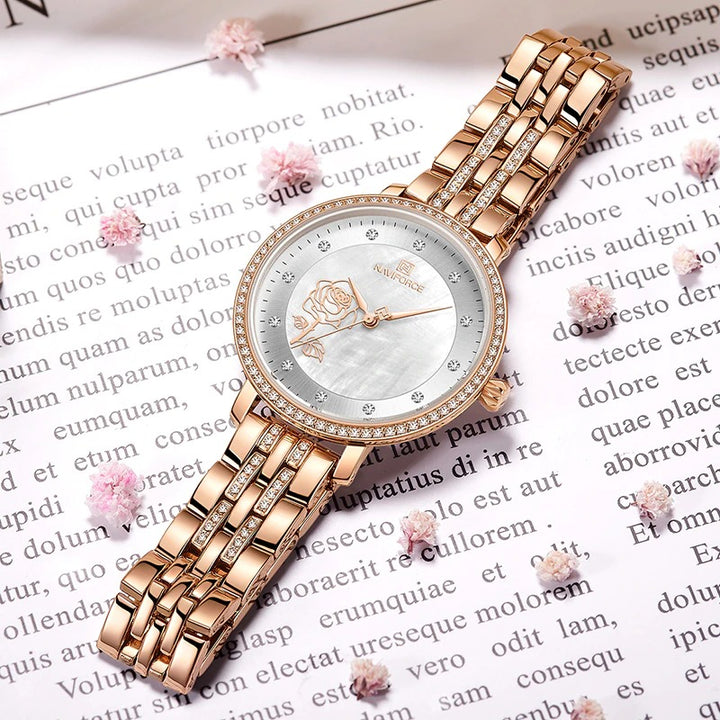 Blooming Rose Flower Dial with Rhinestone Scales Waterproof Quartz Watches