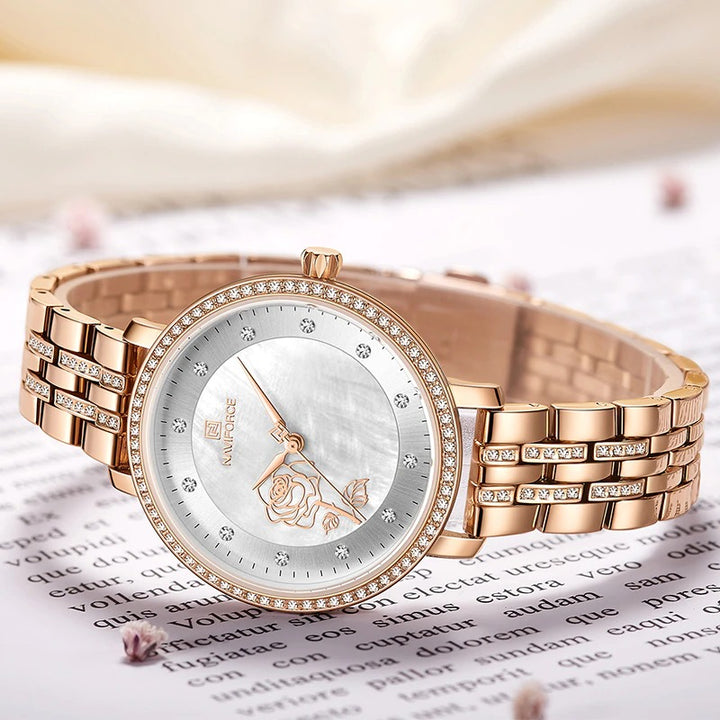 Blooming Rose Flower Dial with Rhinestone Scales Waterproof Quartz Watches