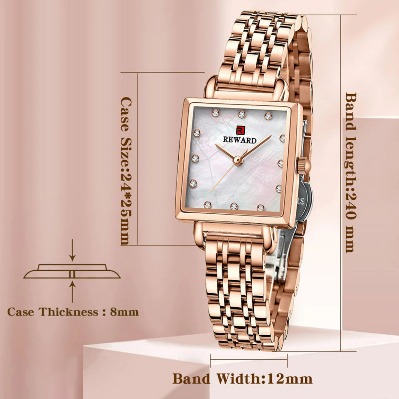 Smooth Solid Stainless Steel Band Rhinestone Square Case Dial Quartz Watches