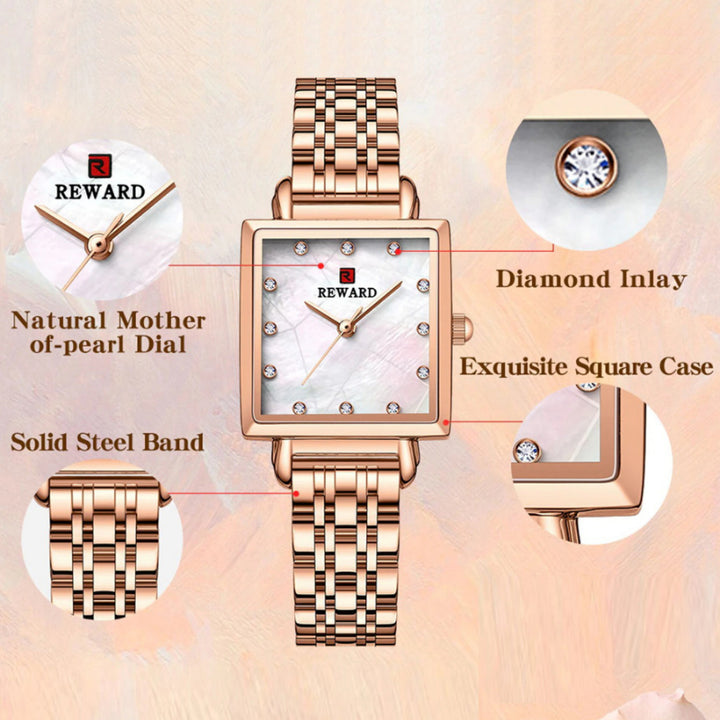 Smooth Solid Stainless Steel Band Rhinestone Square Case Dial Quartz Watches