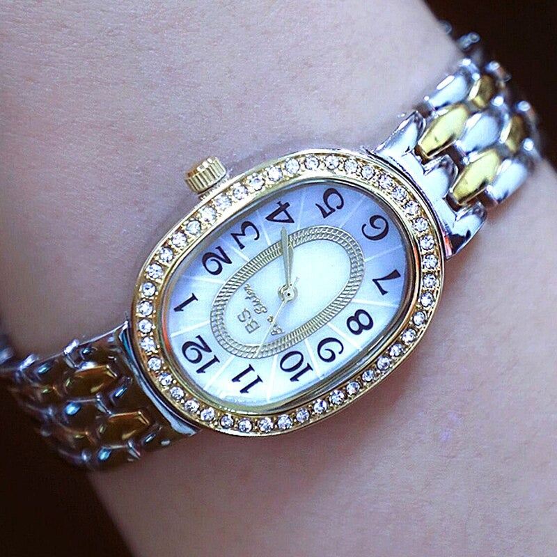 Rhinestone Emblazed Small Oval-Shaped Dial Quartz Watches