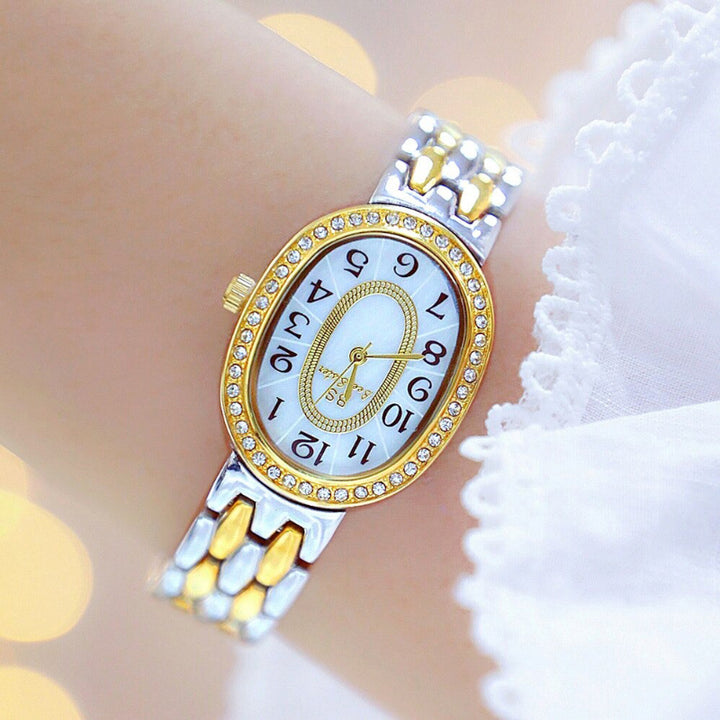 Rhinestone Emblazed Small Oval-Shaped Dial Quartz Watches