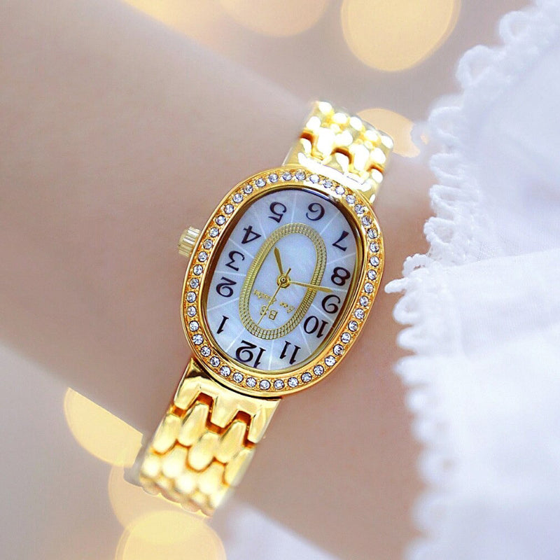 Rhinestone Emblazed Small Oval-Shaped Dial Quartz Watches