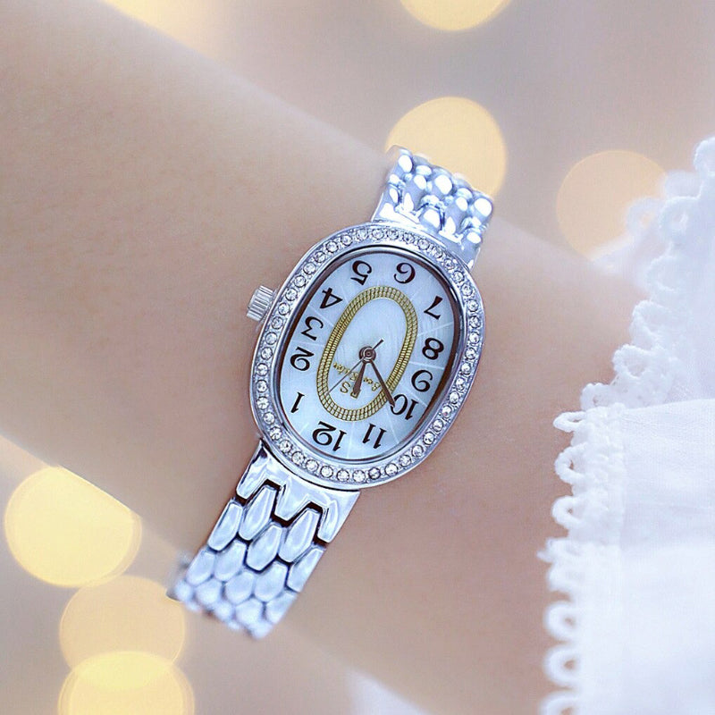 Rhinestone Emblazed Small Oval-Shaped Dial Quartz Watches