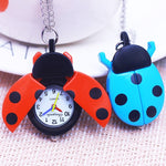 Bright-Colored Cartoon Ladybug Flip Cover Necklace Quartz Pocket Watches