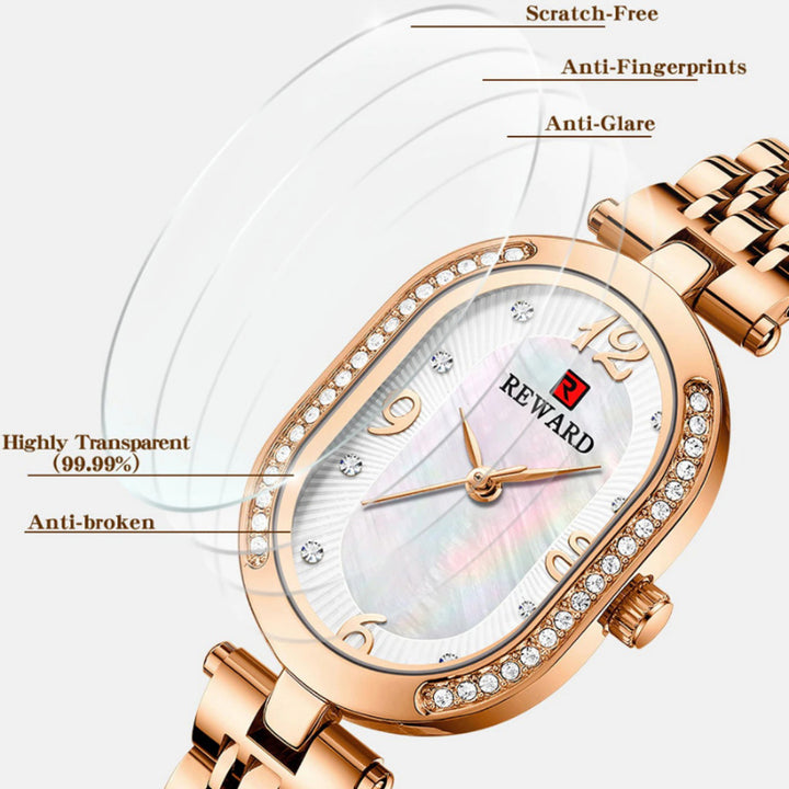 Alluring Rhinestone Bejeweled Oval Shape Case Steel Band Quartz Watches