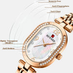 Alluring Rhinestone Bejeweled Oval Shape Case Steel Band Quartz Watches