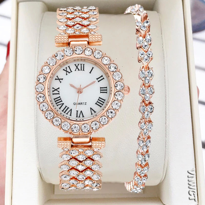 Lavish Fashion Roman Numeral Rhinestone Encrusted Bracelet Quartz Watches