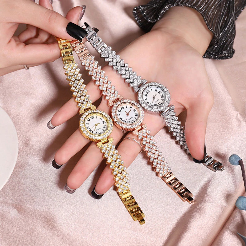 Lavish Fashion Roman Numeral Rhinestone Encrusted Bracelet Quartz Watches