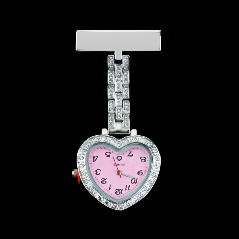 Heart-Shaped Rhinestone Studded Brooch Pin Pocket Quartz Watches