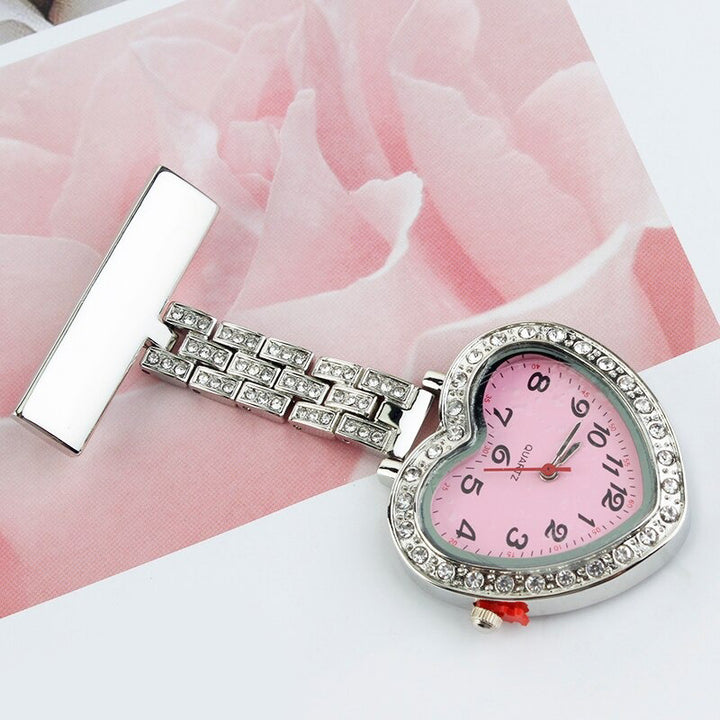 Heart-Shaped Rhinestone Studded Brooch Pin Pocket Quartz Watches