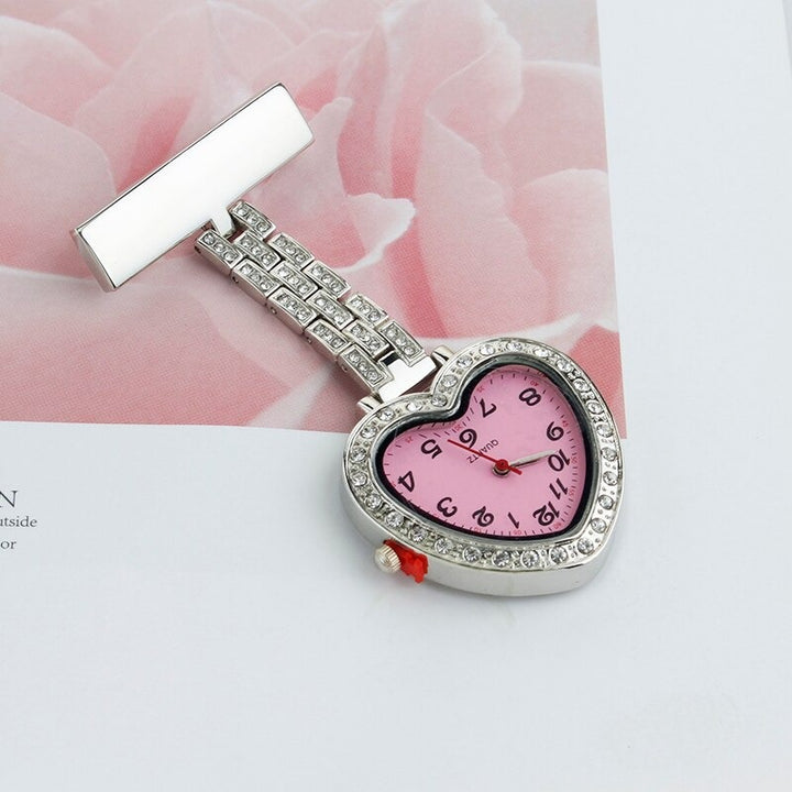 Heart-Shaped Rhinestone Studded Brooch Pin Pocket Quartz Watches