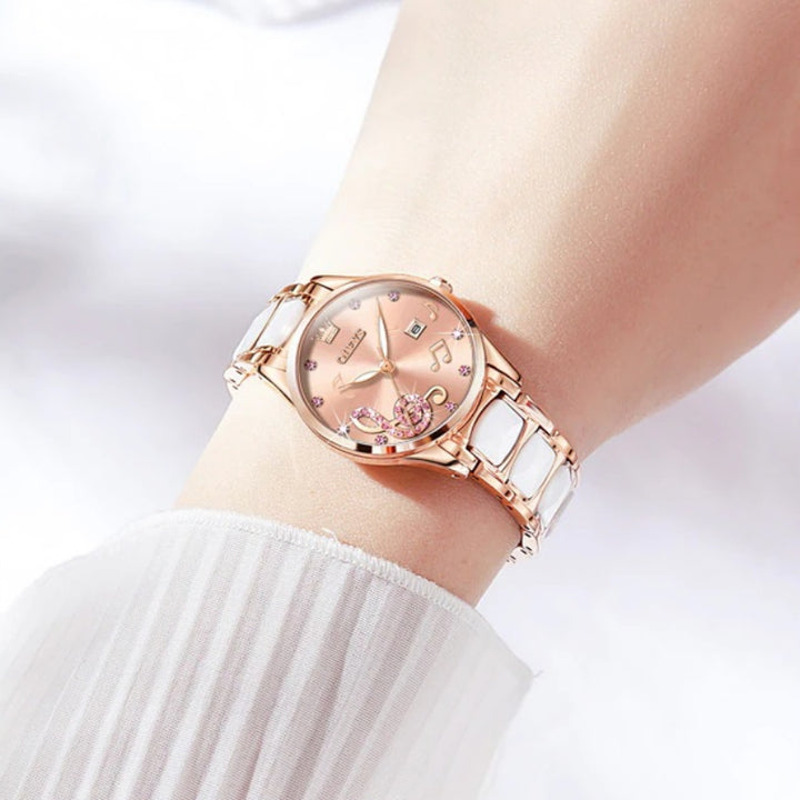 Rhinestone Musical Note Dial with Waterproof Ceramic Bracelet Quartz Watches