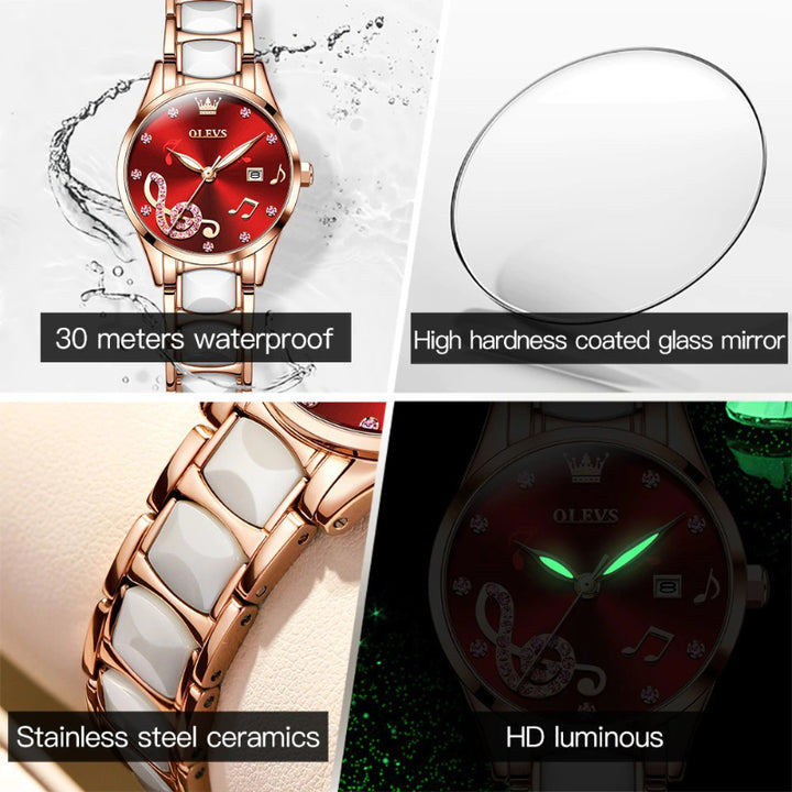 Rhinestone Musical Note Dial with Waterproof Ceramic Bracelet Quartz Watches