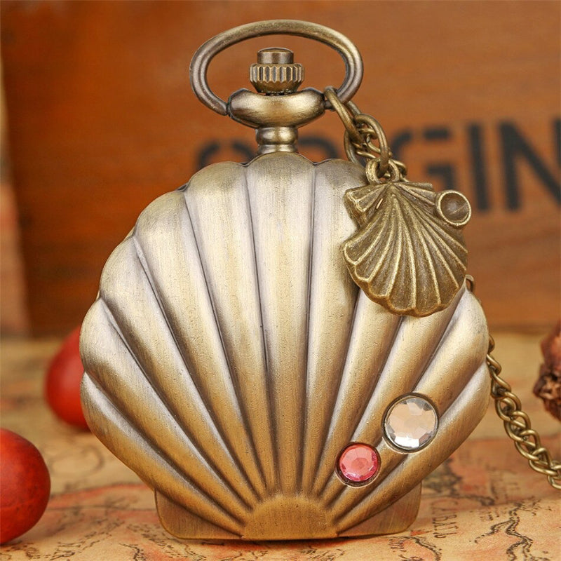 Pearl Shell Shape Necklace Pendant Quartz Pocket Watches