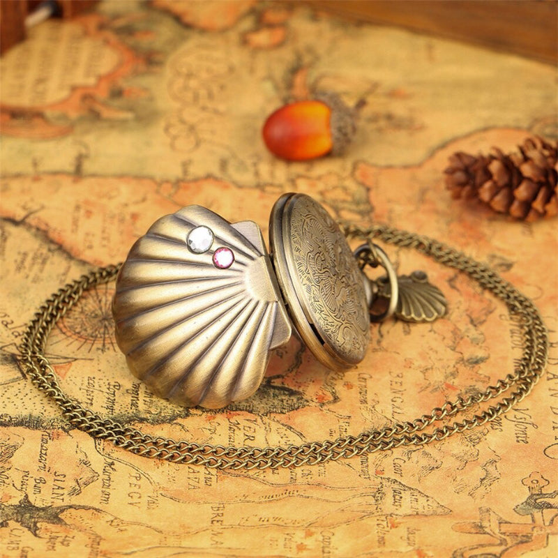 Pearl Shell Shape Necklace Pendant Quartz Pocket Watches