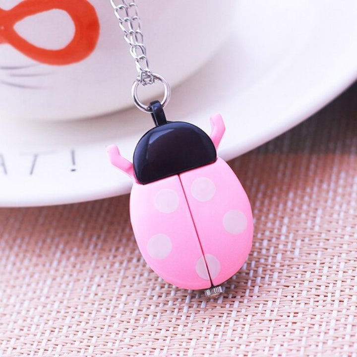 Bright-Colored Cartoon Ladybug Flip Cover Necklace Quartz Pocket Watches